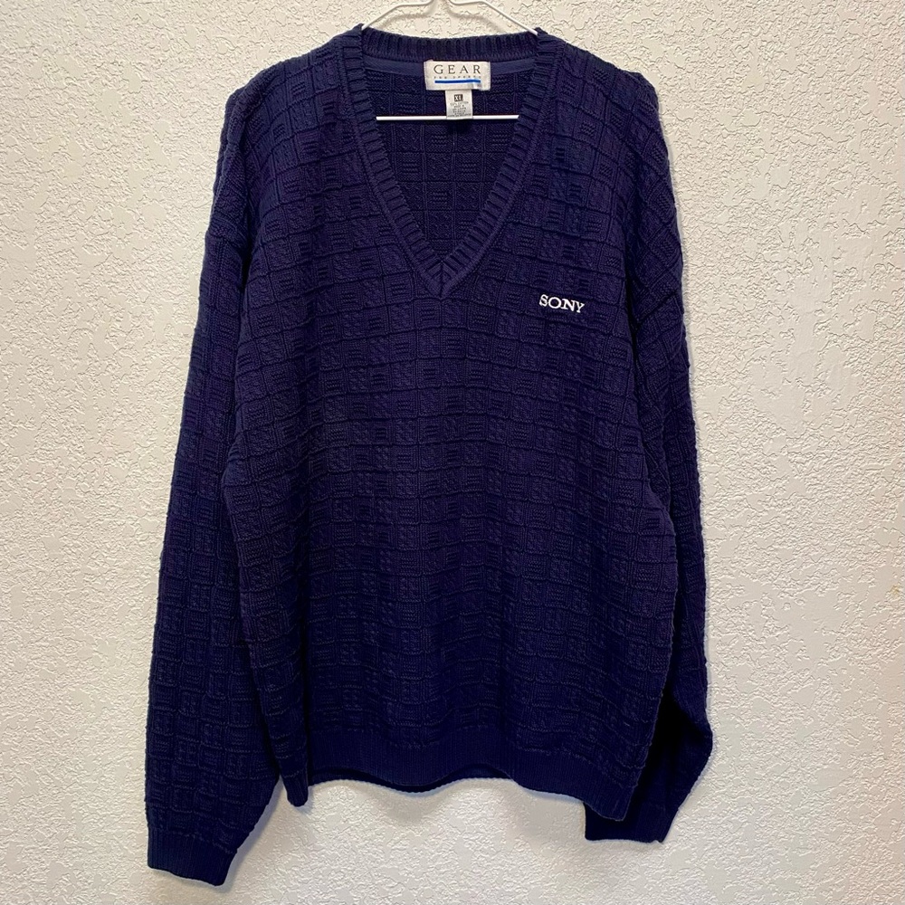 Vintage SONY Sweater Men’s XL Navy Blue Chunky Knit 100% Cotton V-Neck Vtg Tech